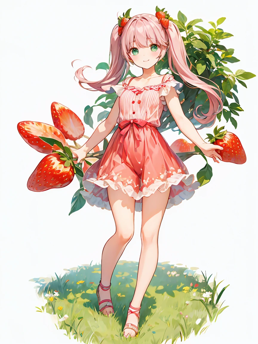 Full body ,Standing position,(realistic:1.37)、Octane rendering、morning park、Strawberry set、The girl has a twin tail hairstyle and a smile.、Strawberries fall from the sky、bright colors、soft sunlight、beautiful flowers、green grass、Fun atmosphere、Quiet environment、Fine texture、bright colors、Cute shoes and accessories、he looks happy, (white background), Transparent background, looking down, ((masterpiece, illustration, best quality)) 