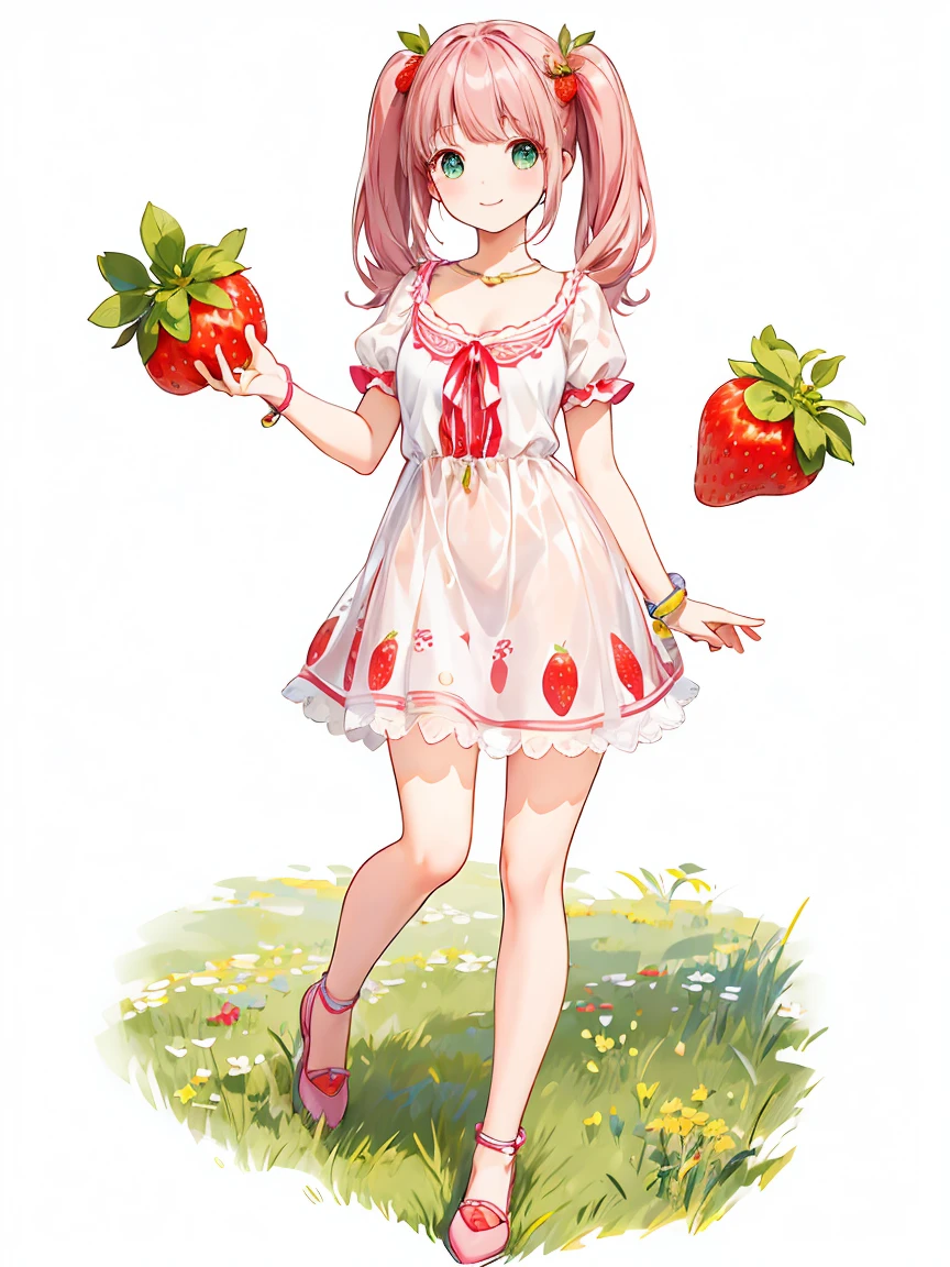 Full body ,Standing position,(realistic:1.37)、Octane rendering、morning park、Strawberry set、The girl has a twin tail hairstyle and a smile.、Strawberries fall from the sky、bright colors、soft sunlight、beautiful flowers、green grass、Fun atmosphere、Quiet environment、Fine texture、bright colors、Cute shoes and accessories、he looks happy, (white background), Transparent background, looking down, ((masterpiece, illustration, best quality)) 