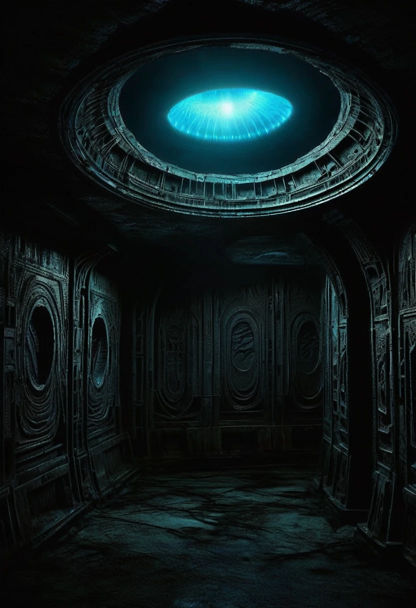 01_rays of black light, 史诗Alien Spaceship的内部, the atmospheRe of the movie “alien”. Bionic foRms coveR the walls in Bas-relief, 黑色人造Material, stone-plastic, and bionics. sanded, polishing, Smooth, Bas-relief, bionics, Cyberpunk. alien尸体的元素, and the anatomy of alien cReatuRes, adoRn the Relic Bas-reliefs of Alien Spaceship. rays of black light penetRates foRms fRom the inside. The whole picture reflects the black theme, Black glow, Antimatter, Space - as a symbol of black infinity. 02_best quality. masterpiece. Image. 3D visualization. scene RecReated by UnReal Engine. Highest quality, detail, textures, Material, and, Crisp shapes (Smooth synthetic mateRial, man made rock, plastic, Metal). 来自形体深处的Black glow, Alien Spaceship, Alien Civilization, Alien World. Front view of the camera, view, The ceiling is watery, Deep Cave, membrane floor, and fantastic Bas-reliefs on the walls (bionics, anatomy, entomological life foRms depicted on bizaRRe Bas-reliefs). Black glow is the basis of the entire picture. 03_ Indoor lighting, Deep Shadows, illuminated black Bas-relief, Bionic geometry, and secRet symbolism Decoate the walls. High arched walls, Alien Spaceship - a highly developed civilization. Warm and Bright - Contrast Light, A faint cold shadow, cleaR image of detail, texture, Deco (High image quality), (Crisp, high-quality rendering), (Unreal Engine), sD quality, 8K. LucasArts, Cyberpunk, s.R. Giger "alien".