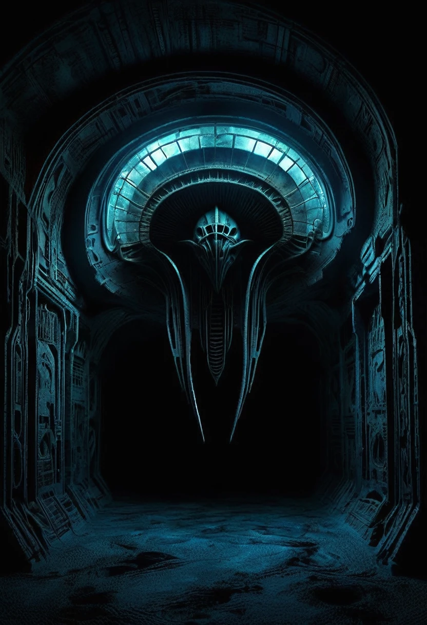 01_rays of black light, 史诗Alien Spaceship的内部, the atmospheRe of the movie “alien”. Bionic foRms coveR the walls in Bas-relief, 黑色人造Material, stone-plastic, and bionics. sanded, polishing, Smooth, Bas-relief, bionics, Cyberpunk. alien尸体的元素, and the anatomy of alien cReatuRes, adoRn the Relic Bas-reliefs of Alien Spaceship. rays of black light penetRates foRms fRom the inside. The whole picture reflects the black theme, Black glow, Antimatter, Space - as a symbol of black infinity. 02_best quality. masterpiece. Image. 3D visualization. scene RecReated by UnReal Engine. Highest quality, detail, textures, Material, and, Crisp shapes (Smooth synthetic mateRial, man made rock, plastic, Metal). 来自形体深处的Black glow, Alien Spaceship, Alien Civilization, Alien World. Front view of the camera, view, The ceiling is watery, Deep Cave, membrane floor, and fantastic Bas-reliefs on the walls (bionics, anatomy, entomological life foRms depicted on bizaRRe Bas-reliefs). Black glow is the basis of the entire picture. 03_ Indoor lighting, Deep Shadows, illuminated black Bas-relief, Bionic geometry, and secRet symbolism Decoate the walls. High arched walls, Alien Spaceship - a highly developed civilization. Warm and Bright - Contrast Light, A faint cold shadow, cleaR image of detail, texture, Deco (High image quality), (Crisp, high-quality rendering), (Unreal Engine), sD quality, 8K. LucasArts, Cyberpunk, s.R. Giger "alien".