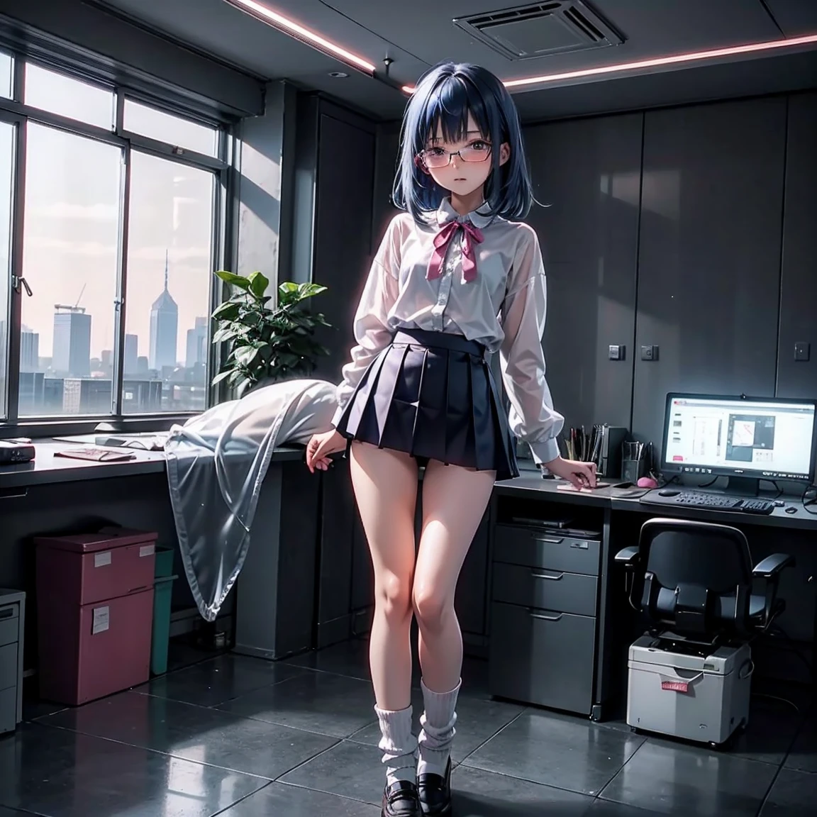 One woman（10 years old）、Glaring face、Long, blue hair、Thin glasses、White clothes、See-through shirt、ribbon、Short pleated skirt、Pink underwear、loose socks、Inside a skyscraper office at night、Spread your legs、Thin and lean legs