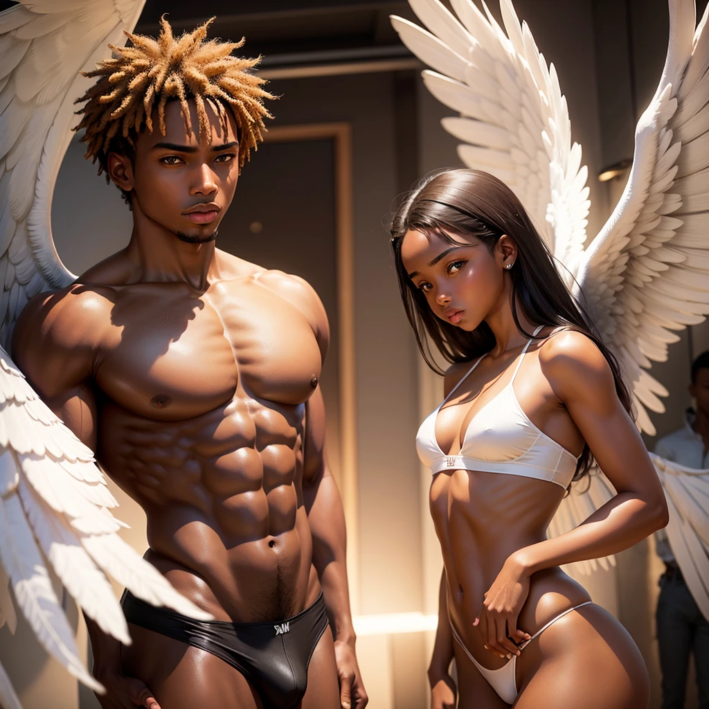 Mighty male angel brown skin complexion protecting female angels in the back ground from danger