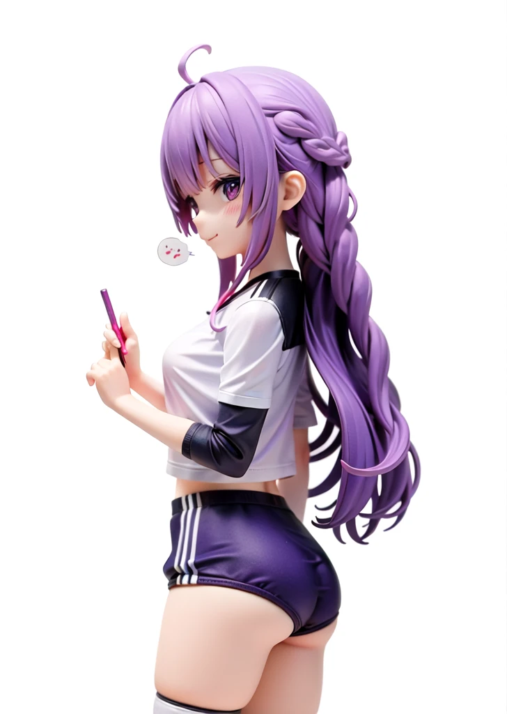 1girl, cute, bangs, purple_hair, blush, hair_between_eyes, gym_uniform, long_hair, braids, bloomers, simple_background, smile, solo, spoken_squiggle, squiggle, whitebackground