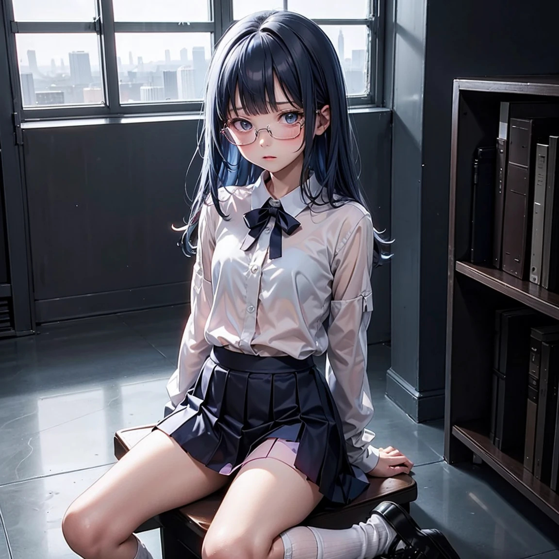 One woman（10 years old）、Glaring face、Long, blue hair、Thin glasses、White clothes、See-through shirt、ribbon、Short pleated skirt、Pink underwear、loose socks、Inside a skyscraper office at night、Spread your legs、Thin and lean legs