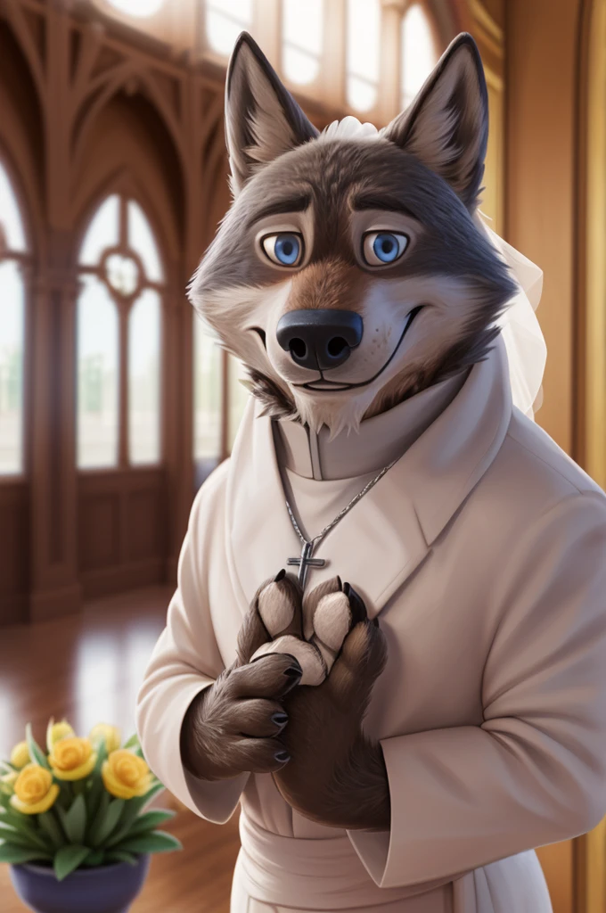 Larry (Zootopia), wolf, Gray Fur, (brown body:1.3), beautiful blue eyes, Zootopia,  Pope, Catholic priest,pectoral cross,canine,wolf, detailed fur, male, second, paw pads, claws, looks at the viewer, 5 fingers, paws, 4 toes, in the wedding palace, groom,ring, holds, flowers for wife, 
BREAK from nextel, for dating, by xenoforge, (difficult, high detail,digital photography, soft focus, RAW, close to the camera, smile, positive, Good, mood, Houses, looks at the viewer, очень close to the camera, in the shop,his, wedding palace combination, 
Photorealism, realistic, photorealistic,digital style, Subsurface scattering,очень close to the camera
шедевр, Best quality, ultra realistic, 8 thousand.)