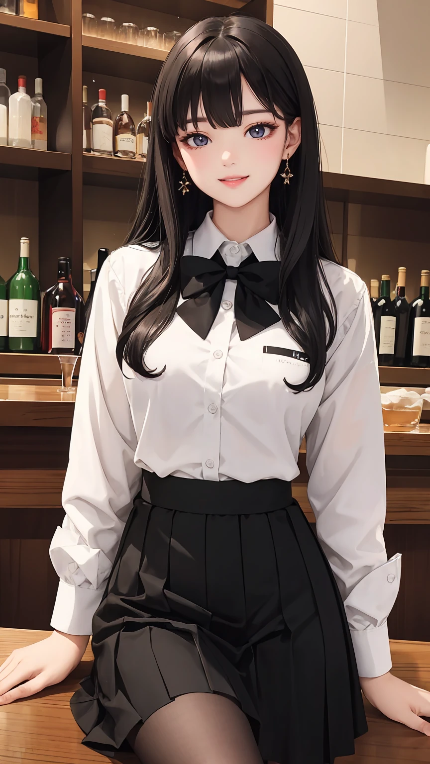 (best quality), ((masterpiece)), (highres), illustration, original, extremely detailed wallpaper.  dkgirl, 1girl, solo, long hair, black hair, bartender, looking at viewer, cup, smile, bottle, drinking glass, bow, bar \(place\), skirt, bowtie, shirt, alcohol, pale skin, long sleeves, cocktail glass, white shirt, black eyes, very long hair, bangs