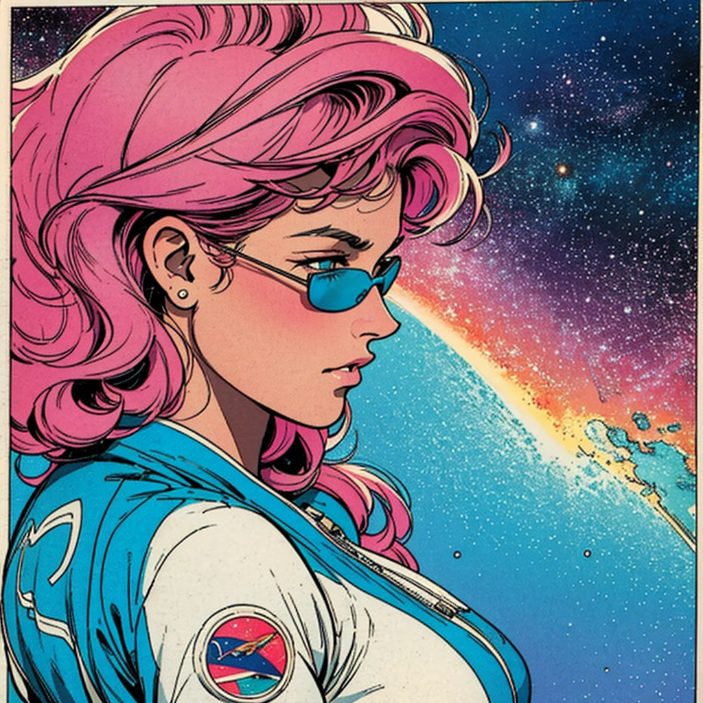 ultimate best quality,beautiful woman,speech bubble,big brest,galaxy,60s,70s,80s,colorful,cosmo,space,sunglass, profile view, head to shoulders, 1 woman