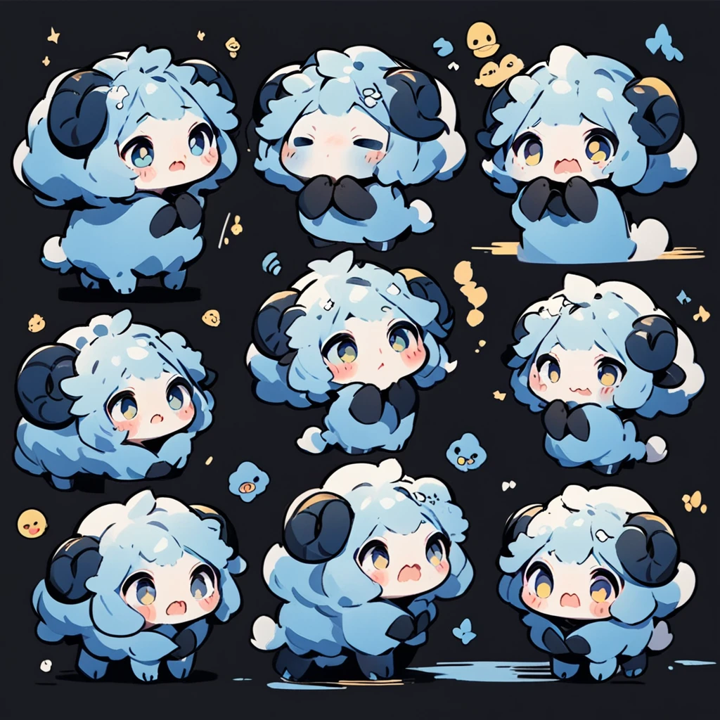 A whimsical blue sheep。emoji,anthropomorphic style,black strokes,solid background color,different emotions,multiple poss and expressions.8K--ar 3:4 --style cute --niji 5