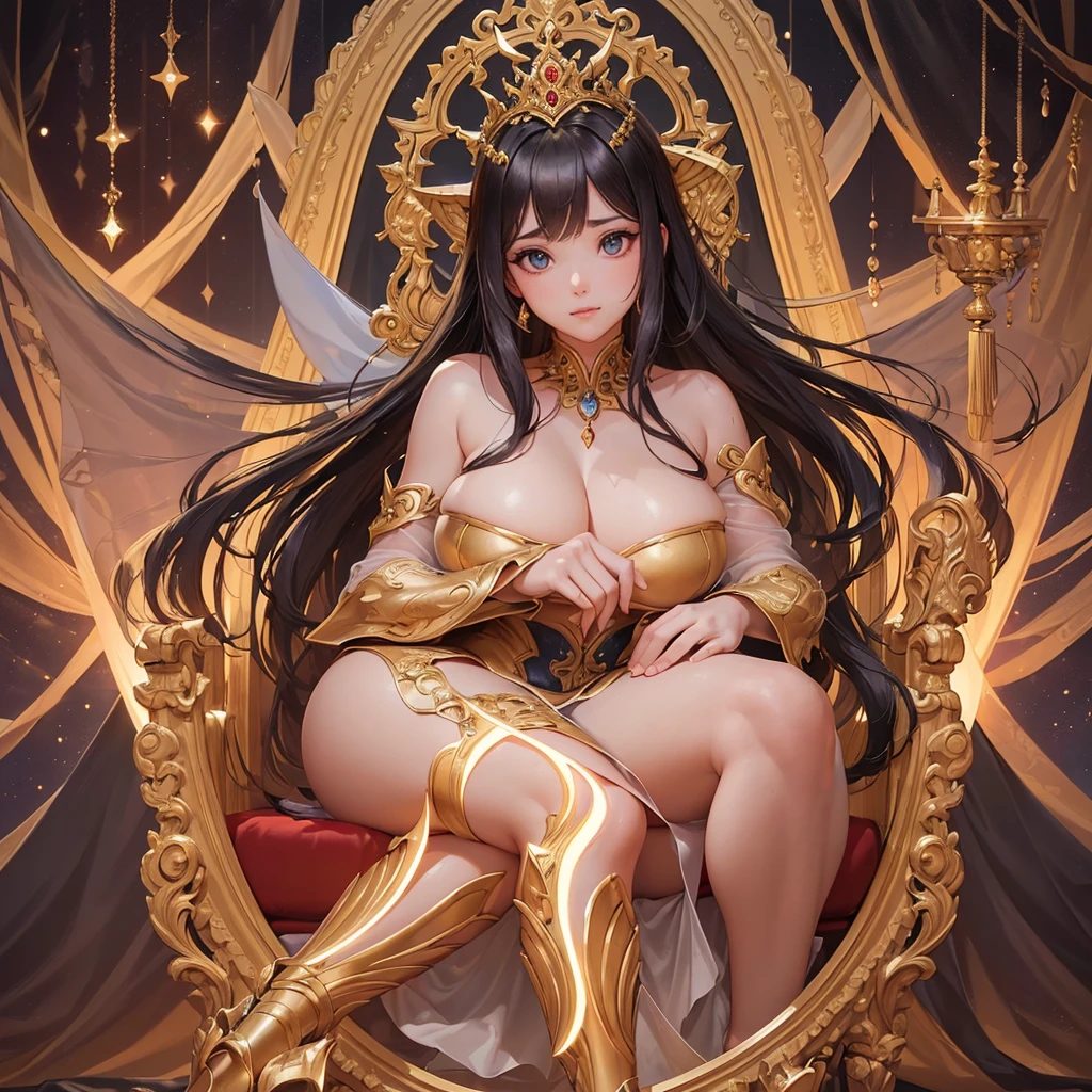 8K, The most realistic, Highest quality, full body image, beautiful woman,1 female, Beautiful Girls, Realistic, Fantasy, Ninai, ancient, Realistic style portrait of a beautiful princess., dragon palace, dragon crown, luxury jewelry, ((Sitting on a beautiful and elegant throne,(big, Spectacular, elegant, gentle eyes, Light Brown, Straight black hair, Beautiful hair, Symmetrical face), proportional figure, according to anatomy)), ชุดFantasyancientมีสีสรรค์, Sitting posing on a throne in the midst of a shining dragon castle., Looks clear.)