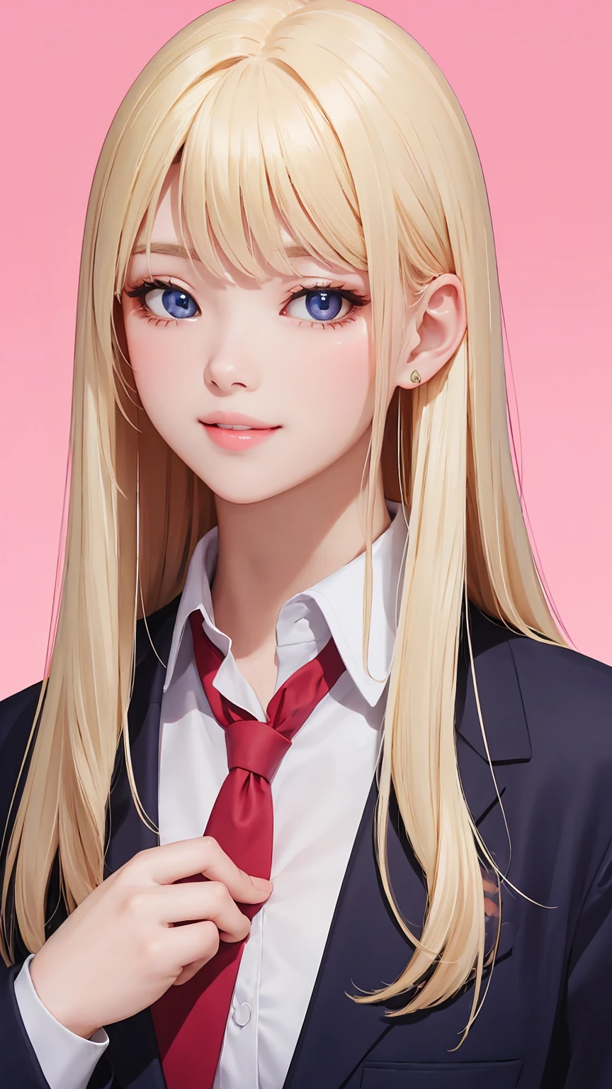 school uniform, lip biting, solid color background, high sense, long blonde hair, 1girl,masterpiece,best quality