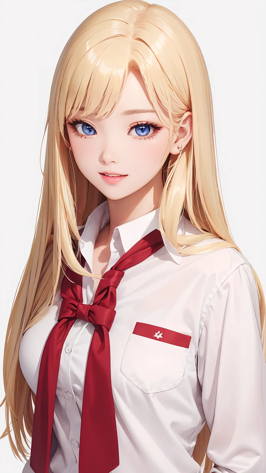 school uniform, lip biting, solid color background, high sense, long blonde hair, 1girl,masterpiece,best quality