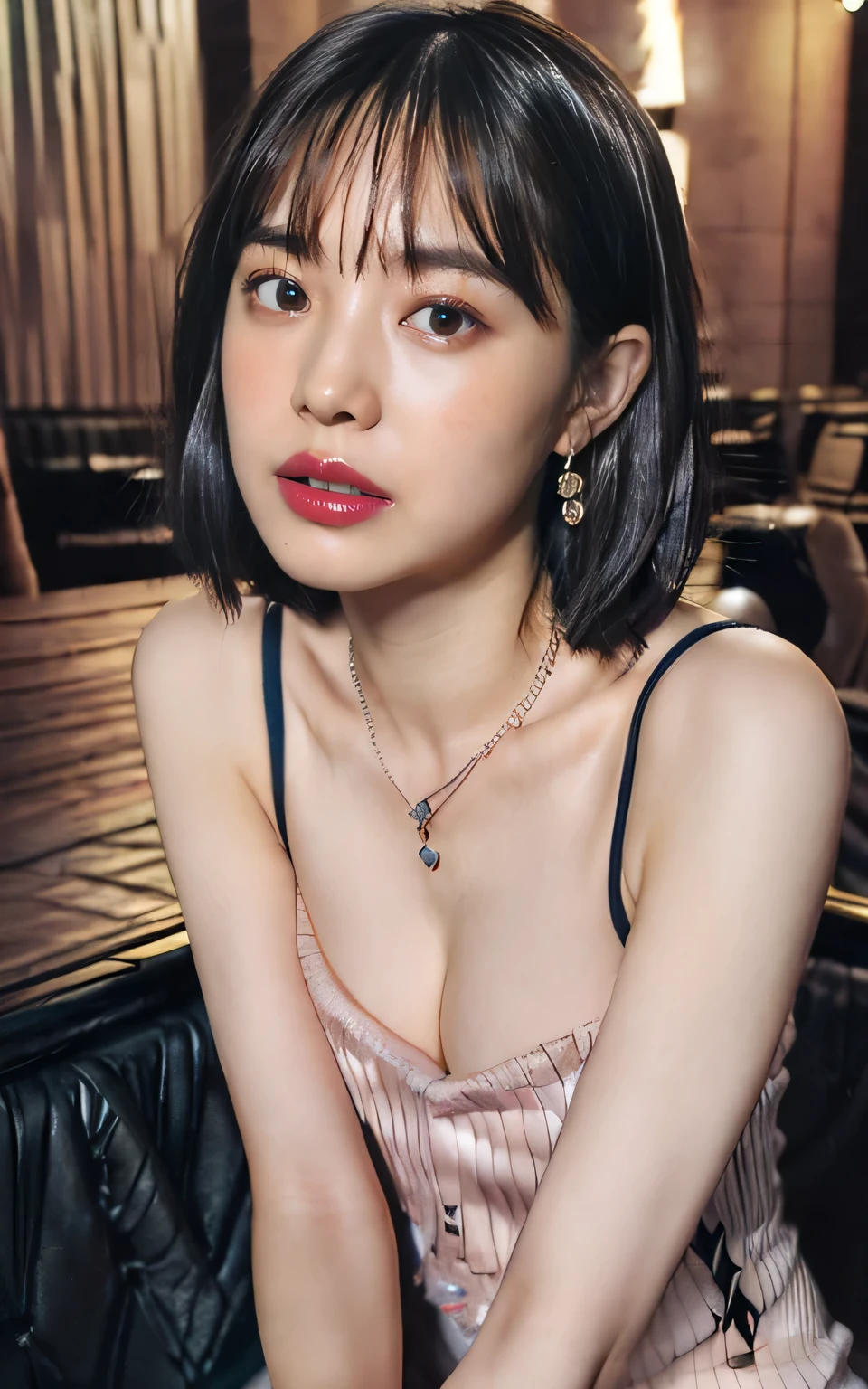 (Upper body naked, Bold wear, thin, Sleeveless soccer team uniform, Chest is taut:1.5),
(very good, Your breasts are clearly visible,Beautiful bare legs:1.5),
((She is sitting on the sofa with her legs stretched out, I'I'm going to have sex with her now, She leans forward、Press your chest against him, She presses her breasts against I, She puts her lips close to mine and seduces me, Her face is'It is very cute :1.3)),
((22 years old, Beautiful female college student, naughty lips, Open your lips a little:1.4)),
((Small breasts, Flat Chest:1.2)),
((Luxury cabaret club in Ginza, Box seats, Complete darkness:1.4)),
Eye focus, Narrow shoulders, Beautiful clavicle, length, Thin arms, Thin legs, The back of the hand is beautiful and feminine, Slim figure, Soft belly, Tight waist, Highly detailed face, super detailed breasts, Ultra-detailed skin, Fair skin, Shiny skin, Ultra-detailed lips, Fuller lips, Glossy pink lips, Blushed, White teeth, Beautiful actress makeup, Annuit Makeup, Pink lipstick, Dark brown hair, Delicate and soft hair, (Let your hair down, Fluffy short bob:1.2), (Sweep your bangs to the side:1.2), (Stylish earrings,necklace:1.2),