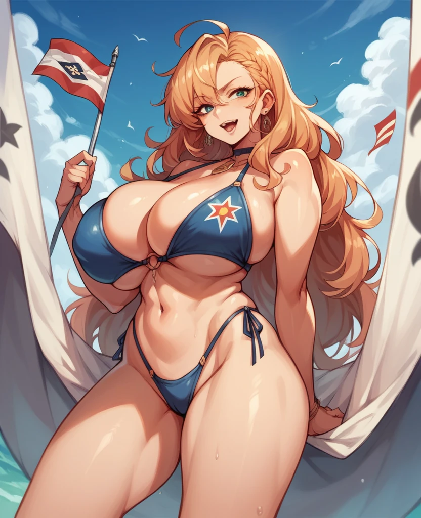 A sexy anime girl in a bikini the color of the Colombian flag with huge breasts