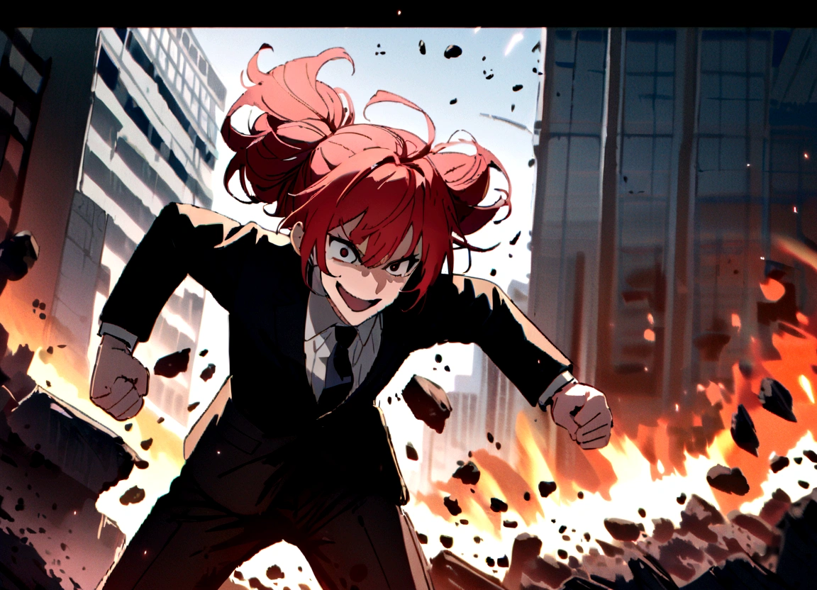 Red hair, black suit, punches, scary smile, office, computer banging and destruction, flying debris,