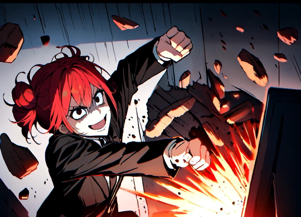 Red hair, black suit, punches, scary smile, office, computer banging and destruction, flying debris,