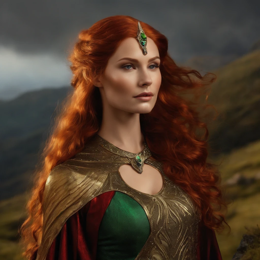 (Sensual+erotic Middle-earth fantasy art style :1.2), (a colorful ethereal_being called Artona is a redhead+female_creative_artist who is even mightier than Sauron. She wears a powerful+big_art-ring on her finger, it's the one ring to paint them all :1.35). (She walks barefeet over hills, clad in daring flowing ammolite-colored robes with mesh panels+cutouts+thigh-high_slits+plunging_neckline :1.4). (She rules from her tower over entire Middle-earth, with oil-paint-brushes and watercolors she is spraying sparkling paint everywhere over anything, adorning all with shimmering glitter :1.2). (hyperrealistic skin texture and skin pores with tiny natural blemishes :0.8), (inspired by (Michaela Prosan:Christina Ich:0.3) and (Yuliya Snigir:Phoebe Tonkin:0.6) and (Irina Shayk:Maddie Phillips:0.3) :1.5). (Sweeping vista, wide angle, full bodylength view :1.3)