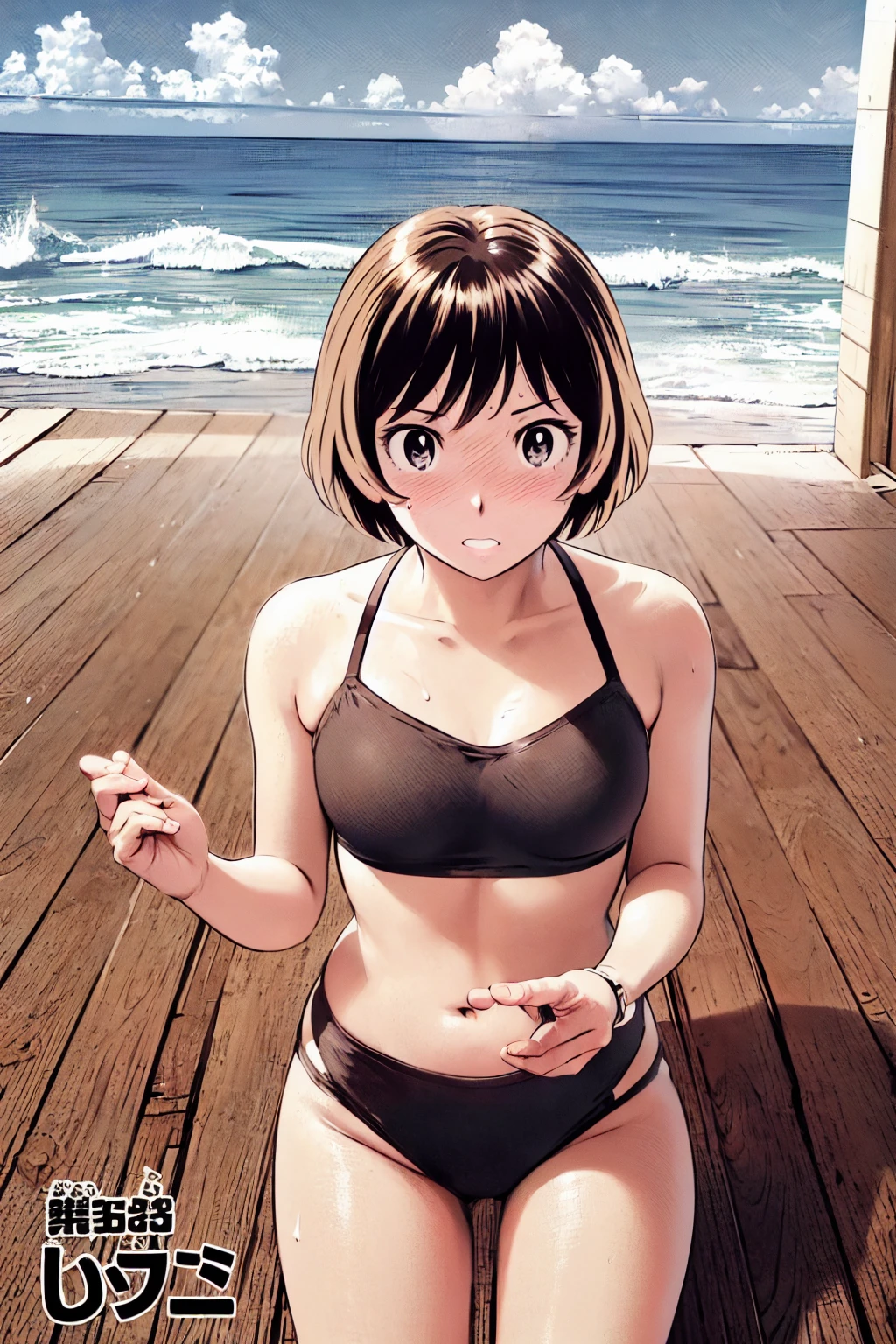 、(masterpiece、Highest quality)、Highest quality, Ultra-high resolution, (((masterpiece))), alone, Sweat、Big eyes, Composition from the front、Shortcuts、Embarrassed face、Bronze colored hair、Cut your hair short、Ocean、beach、Black Micro Bikini、belly on、short hair、(Bronze colored hair)