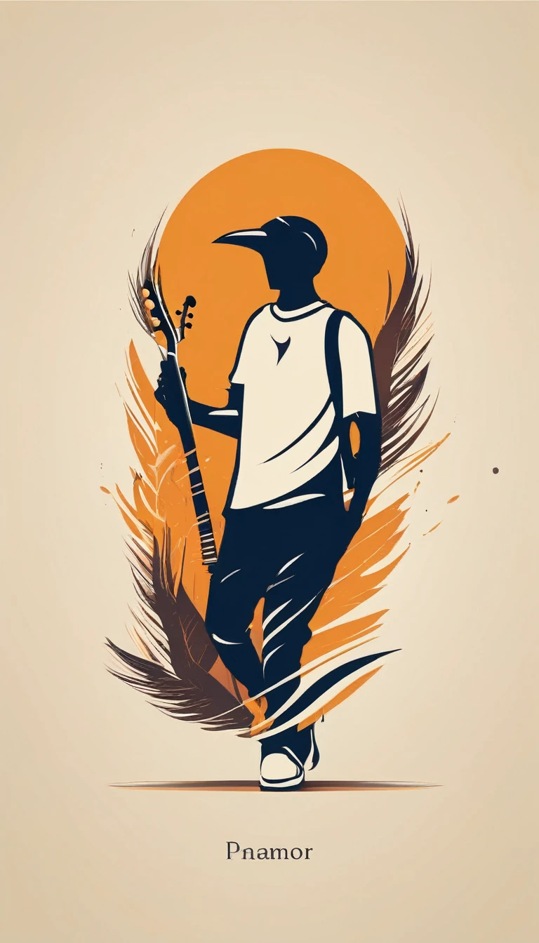 Create a modern, minimalistic logo design for a brand about music and movies called " Penamemoria". The logo must be in minimalistic style and convey a sense of storytelling. The logo is the silhouette of a boy and a bird. The boy is running with open arms, holding an acoustic guitar in the right hand and a bird feather in the left hand. Minimalistic logo design impressed on a book cover