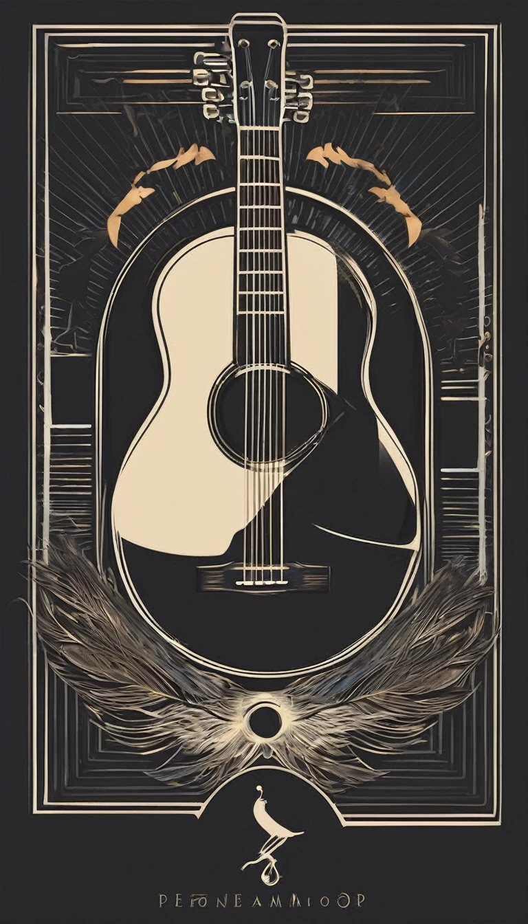 Create a modern, minimalistic logo design for a brand about music and movies called " Penamemoria". The logo must be in minimalistic style and convey a sense of storytelling. The logo is the silhouette of a boy and a bird. The boy is running with open arms, holding an acoustic guitar in the right hand and a bird feather in the left hand. Minimalistic logo design impressed on a book cover