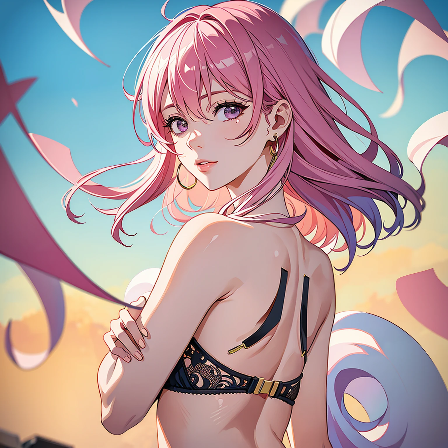 (masterpiece, high quality, best quality, 4k, 8k:1.4), 1girl, solo, pink hair, brown eyes, double-parted bangs, long hair, (mature female, mature:1.2), mole under eye, hoop earrings, revealing dark dress, detailed face, beautiful detailed eyes, beautiful detailed lips, extremely detailed face, long eyelashes, intricate details, soft lighting, soft color pallette, perfect anatomy