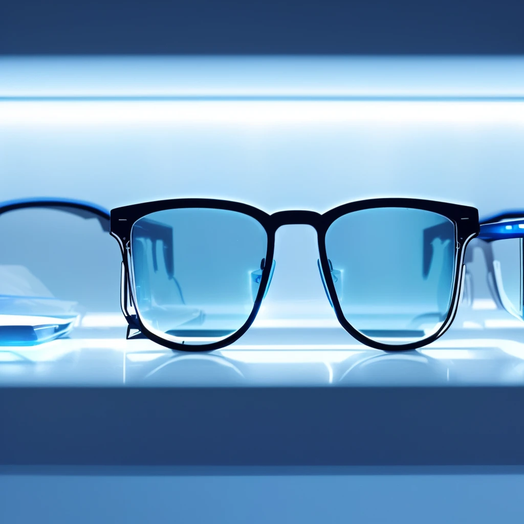 there are three glasses sitting on a shelf with a blue light, glasses without frames, blue rimmed glasses, glasses |, futuristic glasses lenses, technological sunglasses, high contrast backlight, digital sunglasses, spectacles, closeup portrait shot, zeiss lenses, wearing blue sunglasses, sunglasses on, blue backlight, cool glasses, optical lenses, close up portrait shot, glasses frames