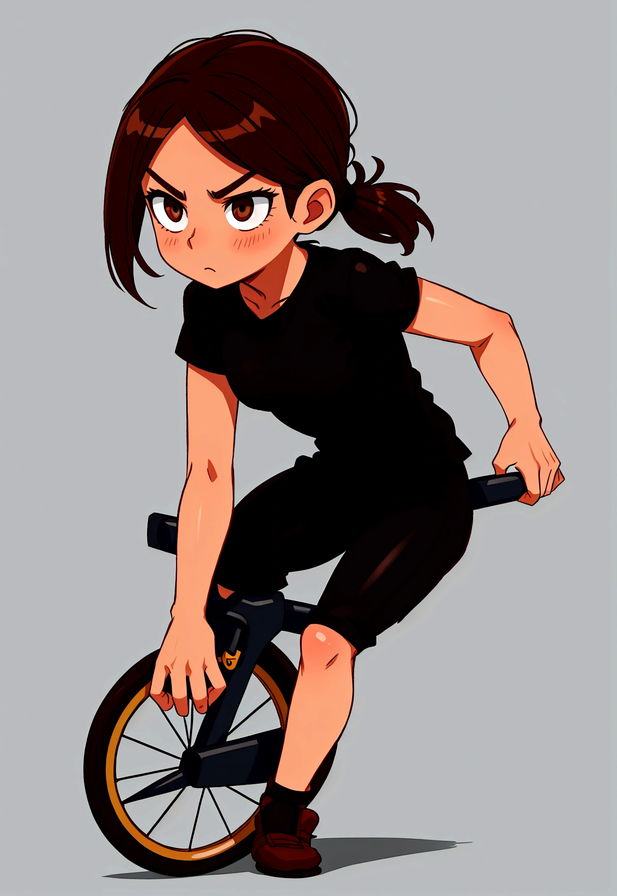 Brown hair tucked into a ponytail, brown eyes, blank look, fair skin, black T-shirt and bike shortsgacha, full body