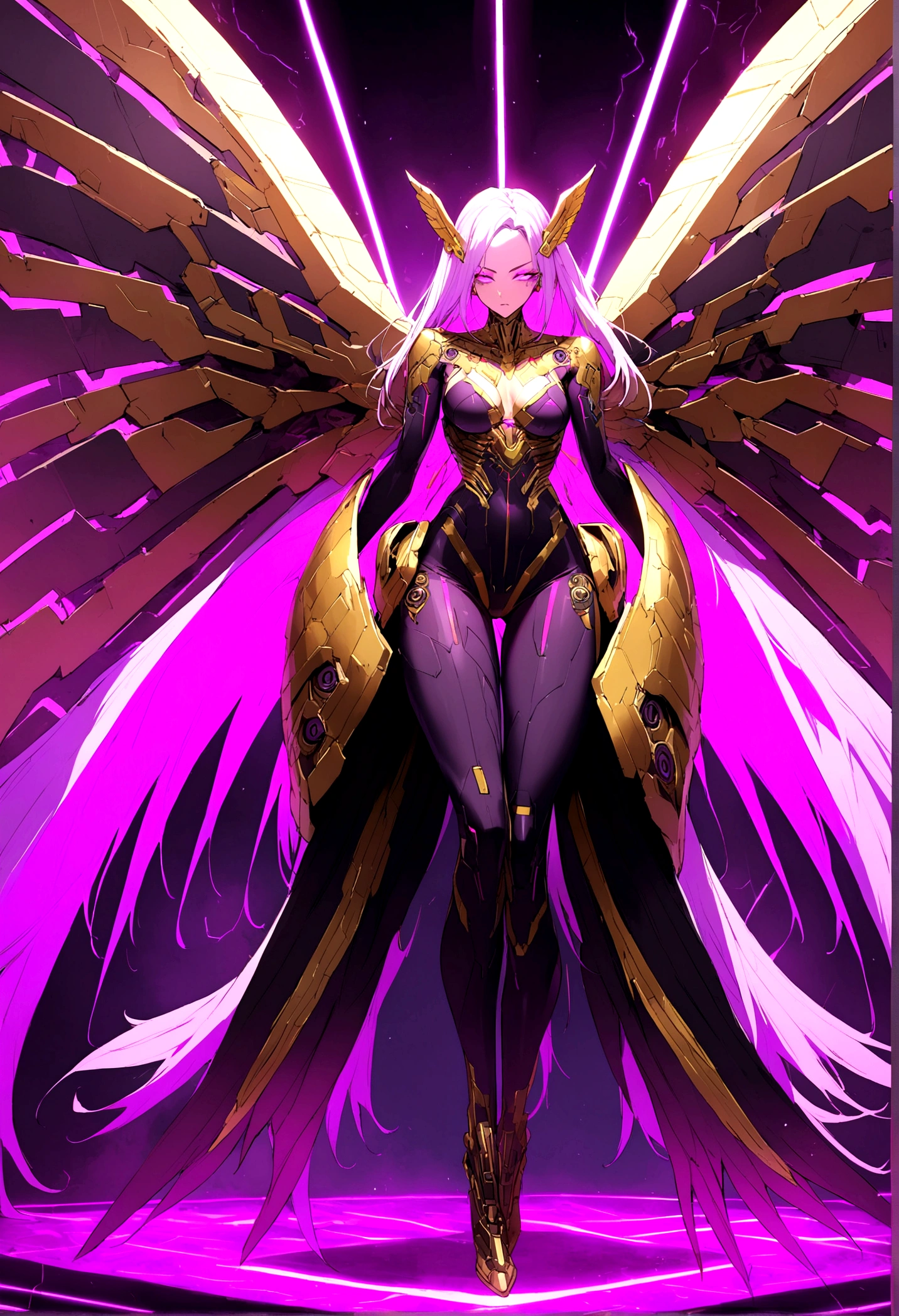 cyberpunk angel, gold ornaments, full body, gigantic wings, powerfull, intimidating, beautiful face, dim deep purple neon deatails