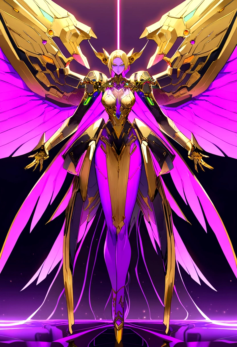 cyberpunk angel, gold ornaments, full body, gigantic wings, powerfull, intimidating, beautiful face, purple neon deatails, is the god of dimensions