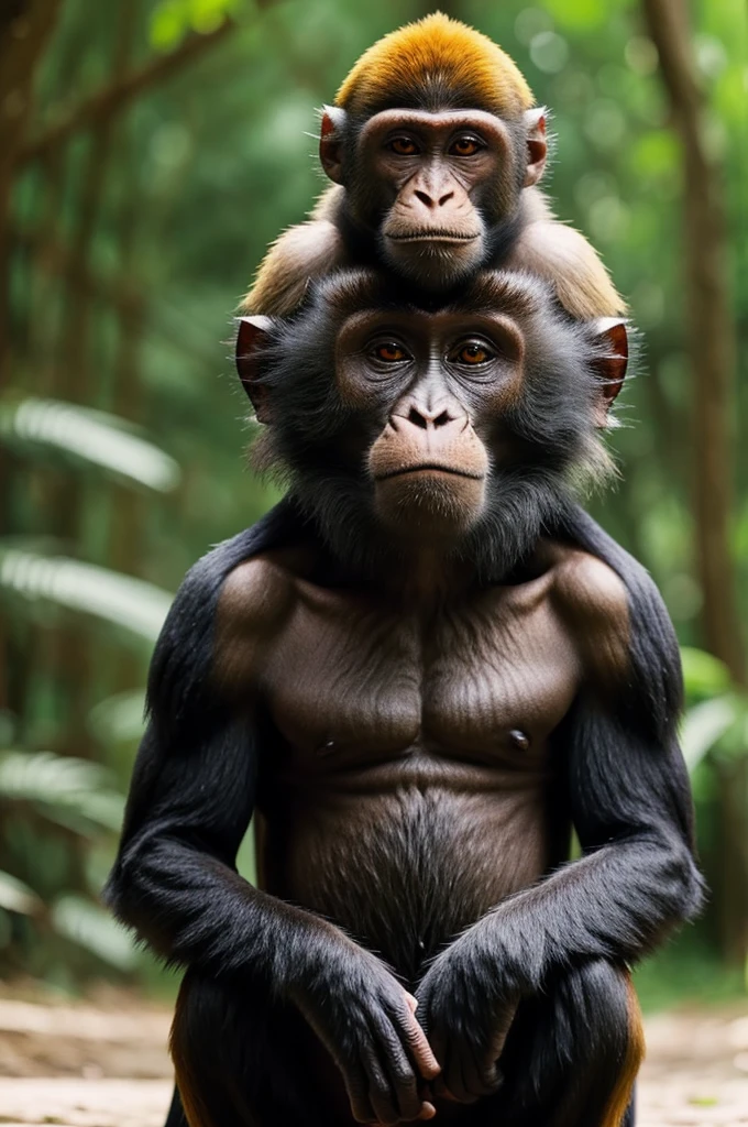 a black woman with long hair without clothes, dancing with a group of monkeys in heat in the middle of a forest, hyper realistic