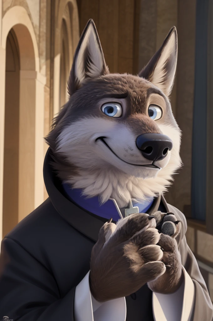 Larry (Zootopia), wolf, Gray Fur, (brown body:1.3), beautiful blue eyes, Zootopia, Pope, Catholic priest,pectoral cross,canine,wolf, detailed fur, male, second, paw pads, claws, looks at the viewer, 5 fingers, paws, 4 toes, in the wedding palace, groom,ring, holds, flowers for wife,
BREAK from nextel, for dating, by xenoforge, (difficult, high detail,digital photography, soft focus, RAW, close to the camera, smile, positive, Good, mood, Houses, looks at the viewer, очень close to the camera, Pope.
Photorealism, realistic, photorealistic,digital style, Subsurface scattering,очень close to the camera
шедевр, Best quality, ultra realistic, 8 thousand.)