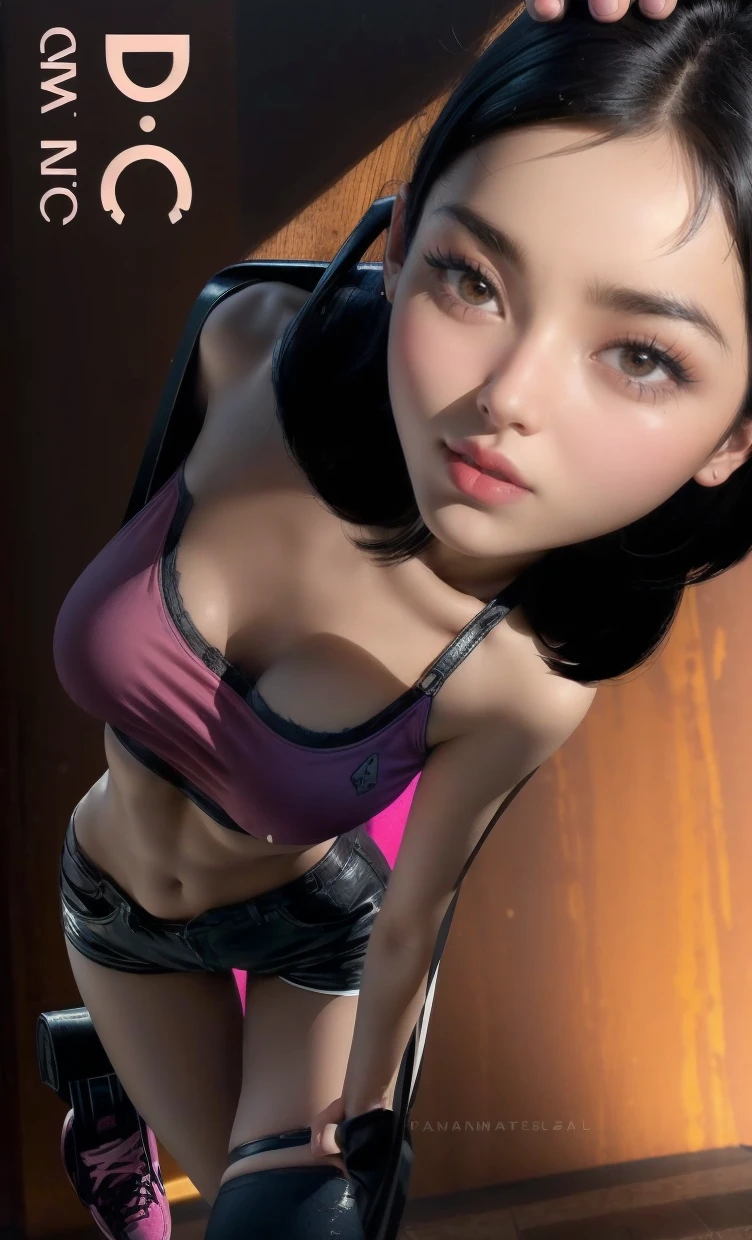 short black hair, with slightly messy bangs.  Dark, penetrating brown eyes.  Thin and marked build.  She wears torn black shorts, blue tennis shoes, and a pink navel blouse with straps. He has an axe in his right hand and a backpack on his back. Busty. 