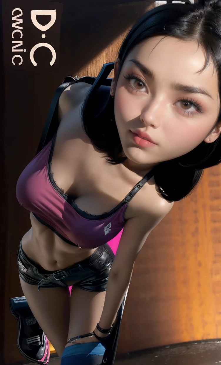 short black hair, with slightly messy bangs.  Dark, penetrating brown eyes.  Thin and marked build.  She wears torn black shorts, blue tennis shoes, and a pink navel blouse with straps. He has an axe in his right hand and a backpack on his back. Busty. 