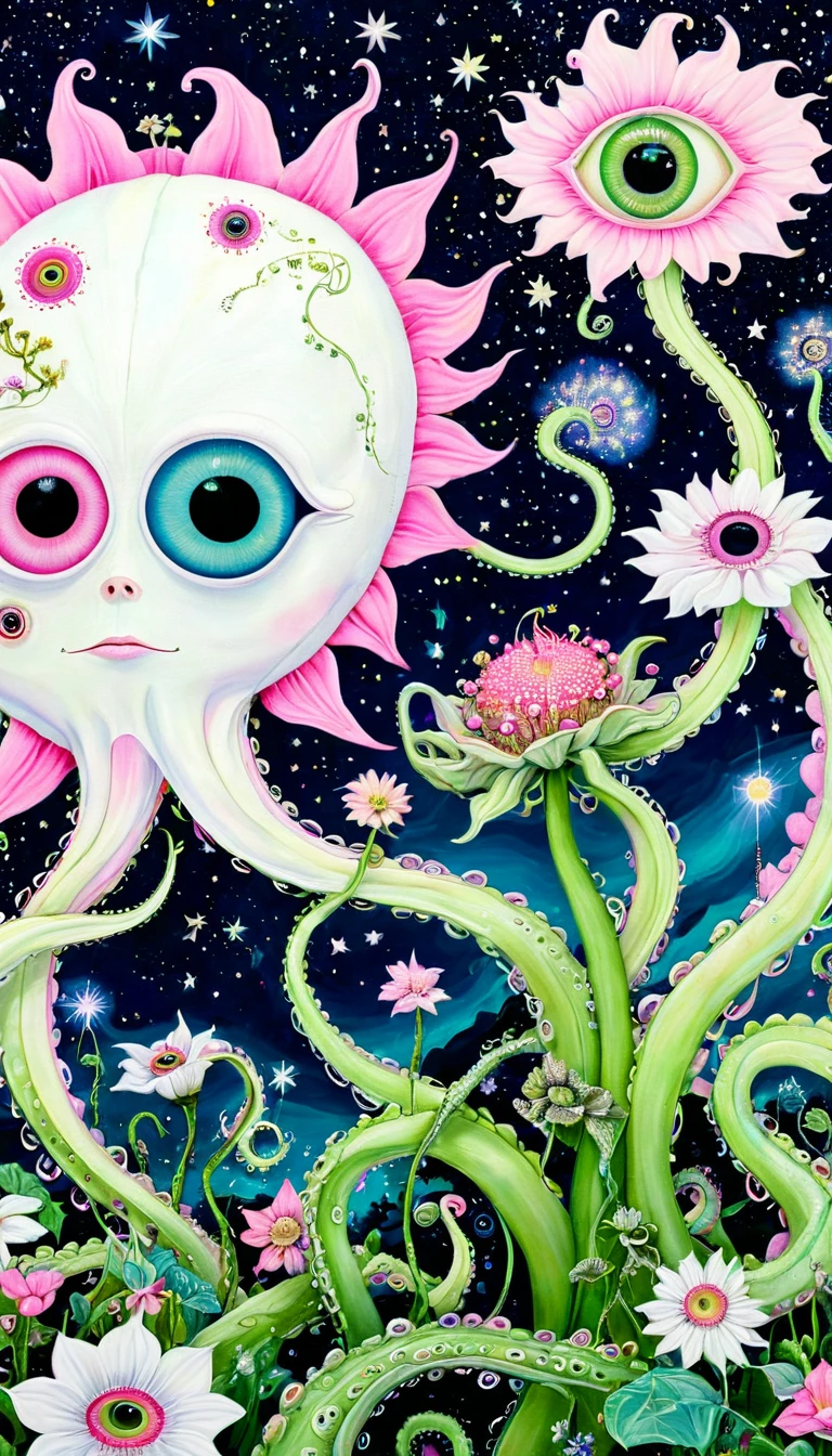 &quot;Dick Ellescas Artist Style&quot; Gremlins，plant，flower，Tentacles，Eye、Starry Sky，Stitching together an abstract painting，Describing the inner world of autistic people，Sense of space，White Space，interesting，Innocence，Psychedelic Art，Pink theme