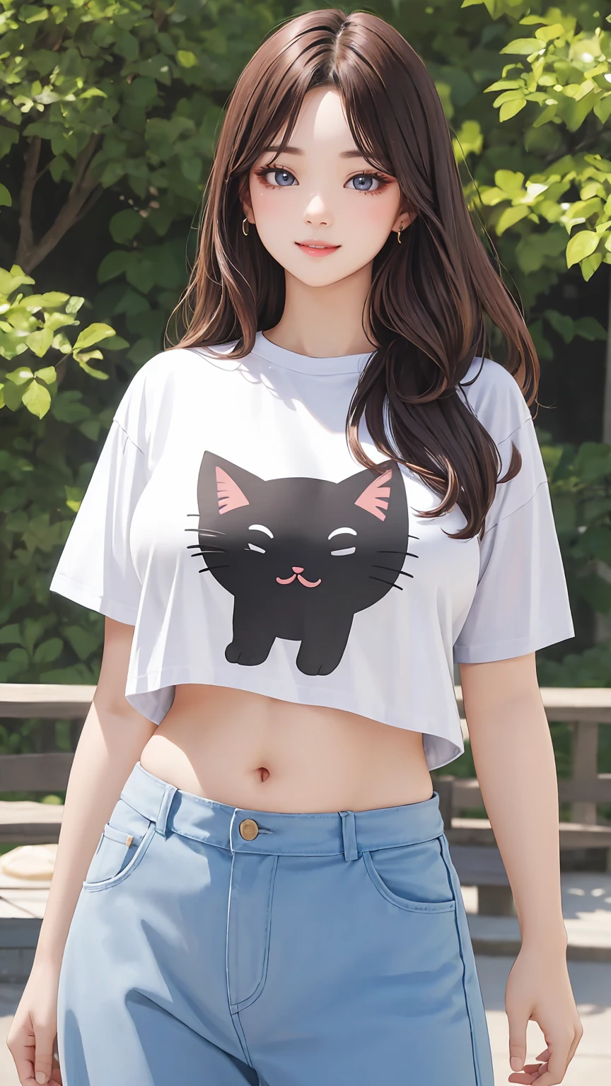 1girl,(best quality),big breasts,round face,[masterpiece],slight fat,Professional,ultra-fine painting,wallpaper,huge filesize,available light,long hair,standing,outdoors,(front:1.3),Cat T Shirt,white shirt,navel,large breasts,park