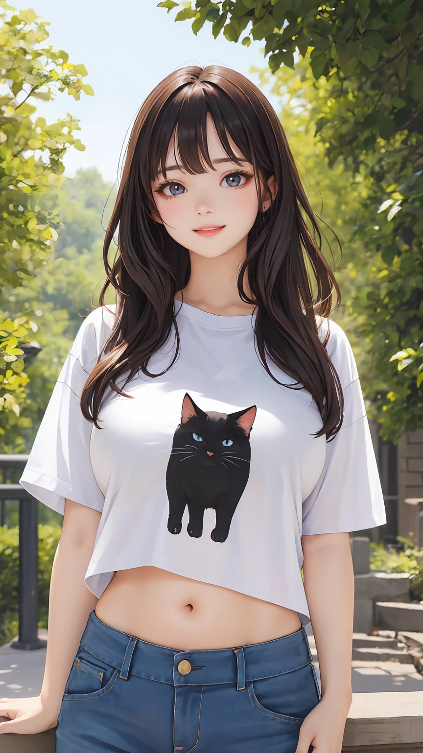 1girl,(best quality),big breasts,round face,[masterpiece],slight fat,Professional,ultra-fine painting,wallpaper,huge filesize,available light,long hair,standing,outdoors,(front:1.3),Cat T Shirt,white shirt,navel,large breasts,park