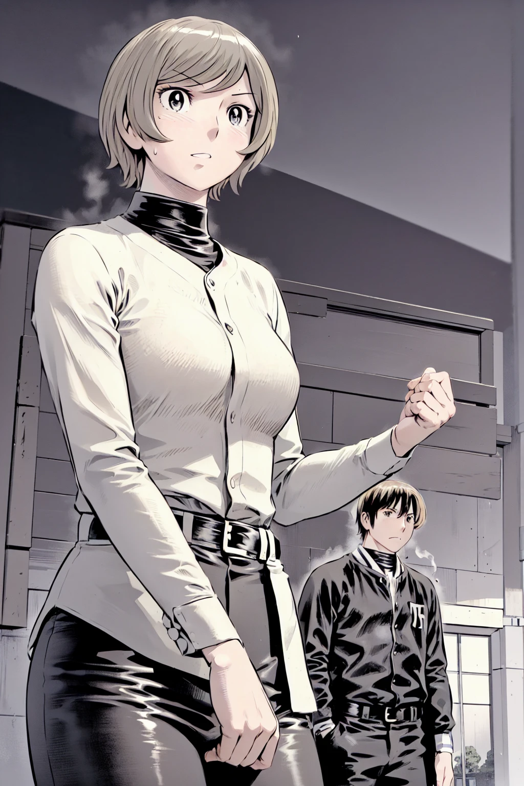 (野球uniform:1.2),
Blonde, (short hair:1.2),Long sleeve, Black Shirt, turtleneck,White trousers、uniform、Black belt、((Illustration of a person))、big 、
View your viewers,, (Highest quality:1.3),One Girl, White pants、uniform、Outdoor、baseball ground、ground、soil、blue eyes、Tight black shirt、(masterpiece、Highest quality)、Highest quality, Ultra-high resolution, (((masterpiece))), alone, Sweat、big eyes、big Breasts、One Girl, Front view、Embarrassed face、Bronze colored hair、((short hair))、Stand up straight、Cowboy Shot