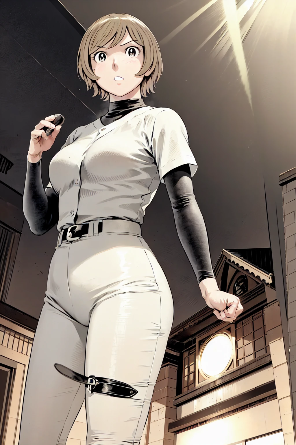 (野球uniform:1.2),
Blonde, (short hair:1.2),Long sleeve, Black Shirt, turtleneck,White trousers、uniform、Black belt、((Illustration of a person))、big 、
View your viewers,, (Highest quality:1.3),One Girl, White pants、uniform、Outdoor、baseball ground、ground、soil、blue eyes、Tight black shirt、(masterpiece、Highest quality)、Highest quality, Ultra-high resolution, (((masterpiece))), alone, Sweat、big eyes、big Breasts、One Girl, Front view、Embarrassed face、Bronze colored hair、((short hair))、Stand up straight、Cowboy Shot