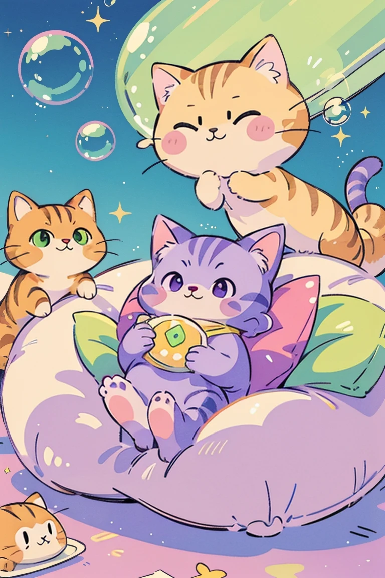 Cat, One, pastel colour, (purple, green, pink, yellow), comfortable, dream-like, Stickers, bubble, Sparkling, shine、No humans