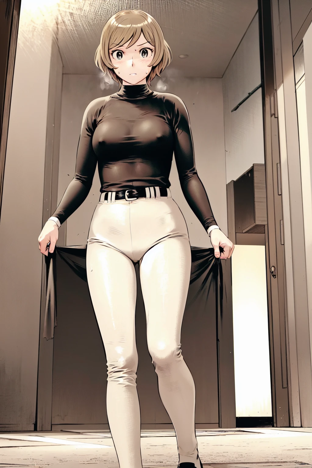 (野球uniform:1.2),
Blonde, (short hair:1.2),Long sleeve, Black Shirt, turtleneck,White trousers、uniform、Black belt、((Illustration of a person))、big 、
View your viewers,, (Highest quality:1.3),One Girl, White pants、uniform、Outdoor、baseball ground、ground、soil、blue eyes、Tight black shirt、(masterpiece、Highest quality)、Highest quality, Ultra-high resolution, (((masterpiece))), alone, Sweat、big eyes、big Breasts、Torn clothes、 fully exposed、Nipples、One Girl, Front view、Embarrassed face、Bronze colored hair、((short hair))、Stand up straight、Cowboy Shot