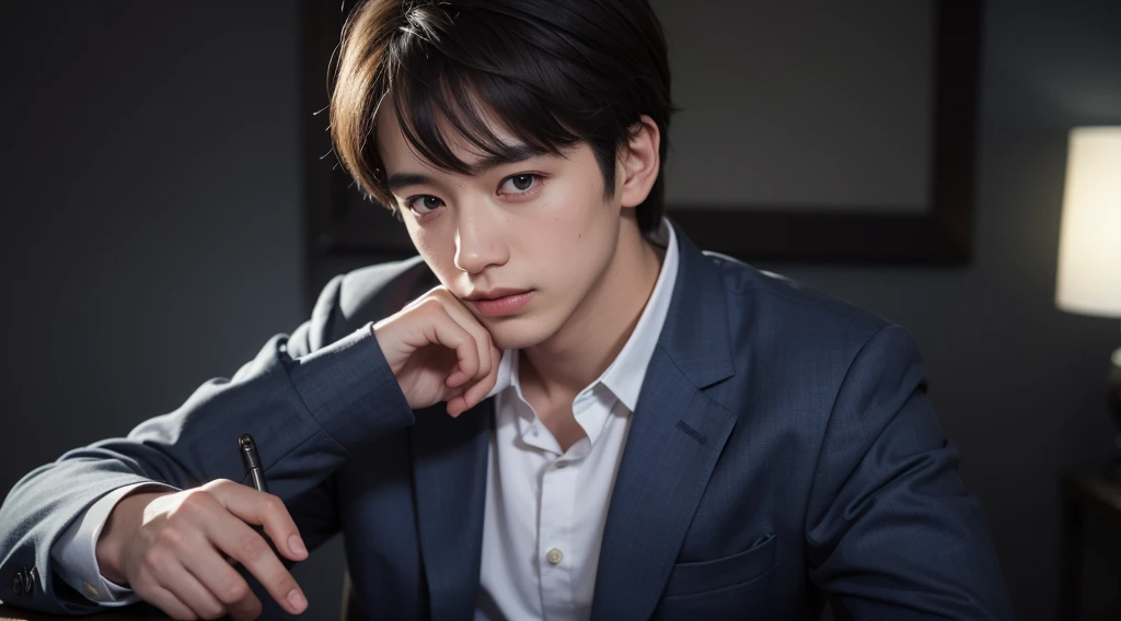 Young boy Kudoshinichi, 20 years old., blue suit jacket, white shirt, Red bow,
