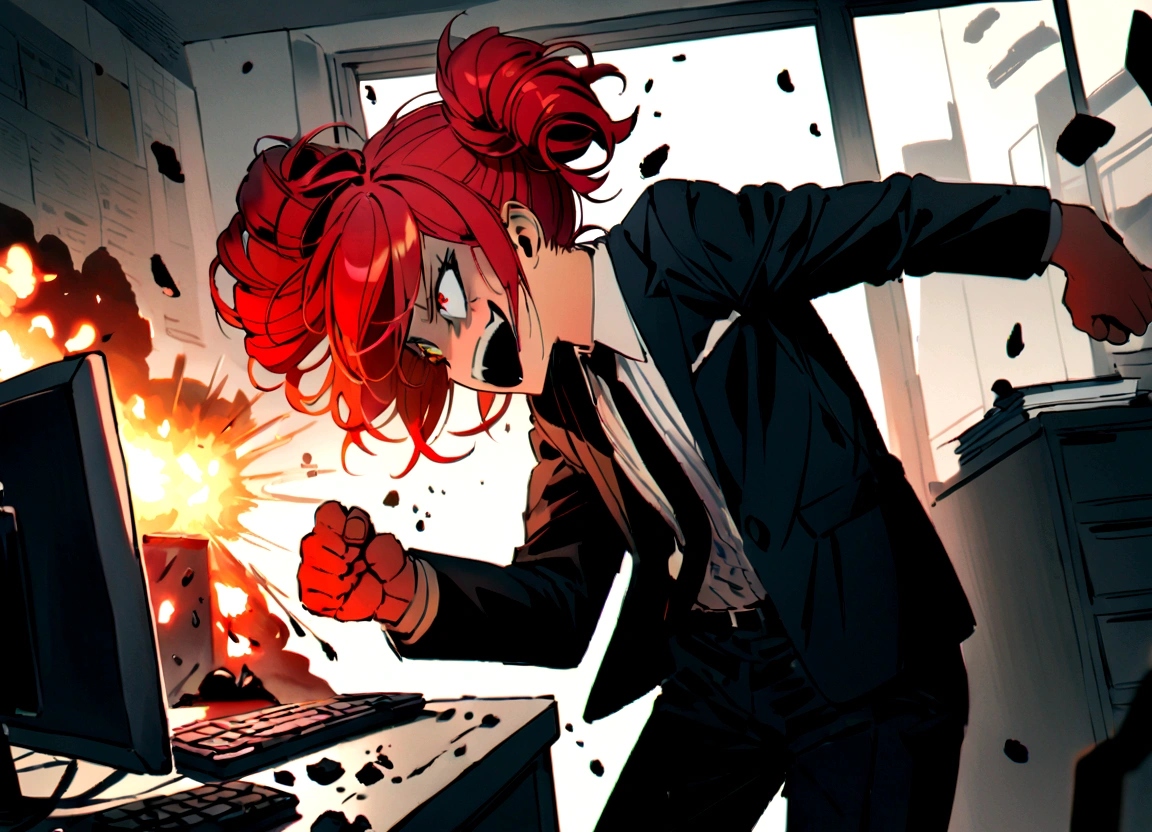 Red hair, black suit, punches, scary smile, office, computer banging and destruction, flying debris,