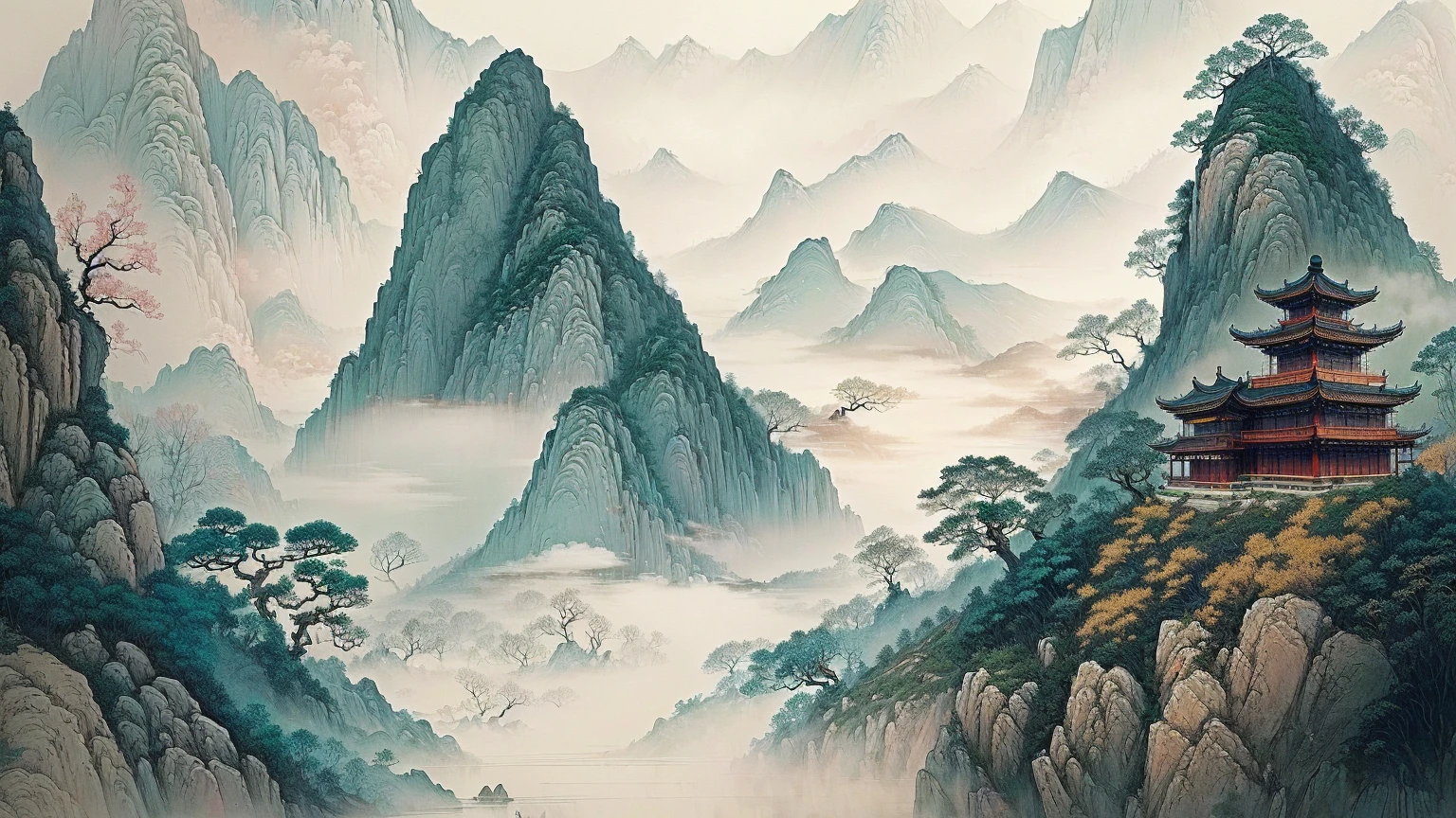 there is a painting of a pagoda on a mountain with a lake, inspired by Ma Yuan, chinese landscape, (mist), mist, chinese painting style, chinese style painting, detailed scenery —width 672, traditional chinese art, intricate ink painting detail, misty mountains, by Ju Lian, traditional chinese painting, qi sheng luo, by Yun Du-seo