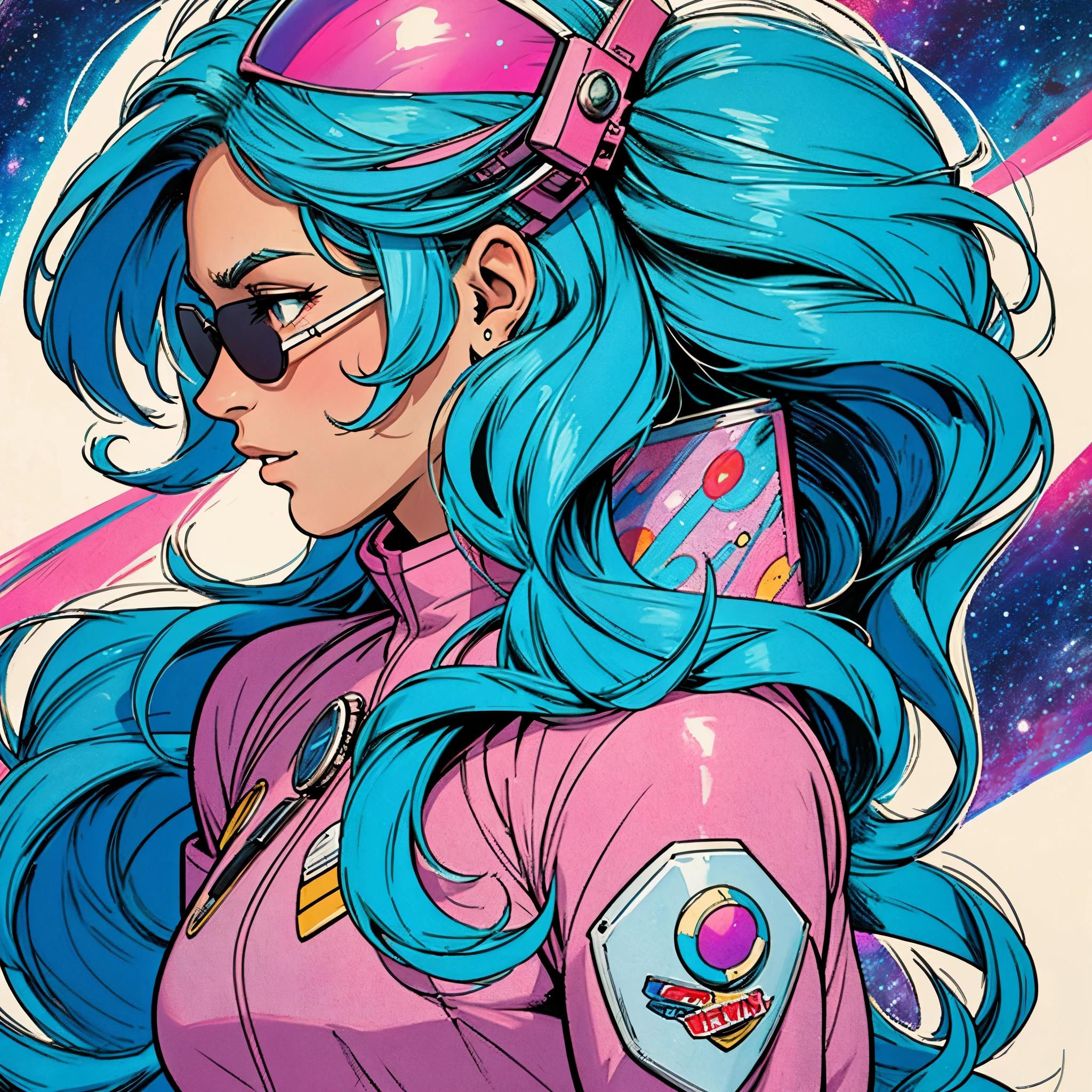 ultimate best quality,beautiful woman,speech bubble,big brest,galaxy,60s,70s,80s,colorful,cosmo,space,sunglass, profile view, head to shoulders, 1 woman