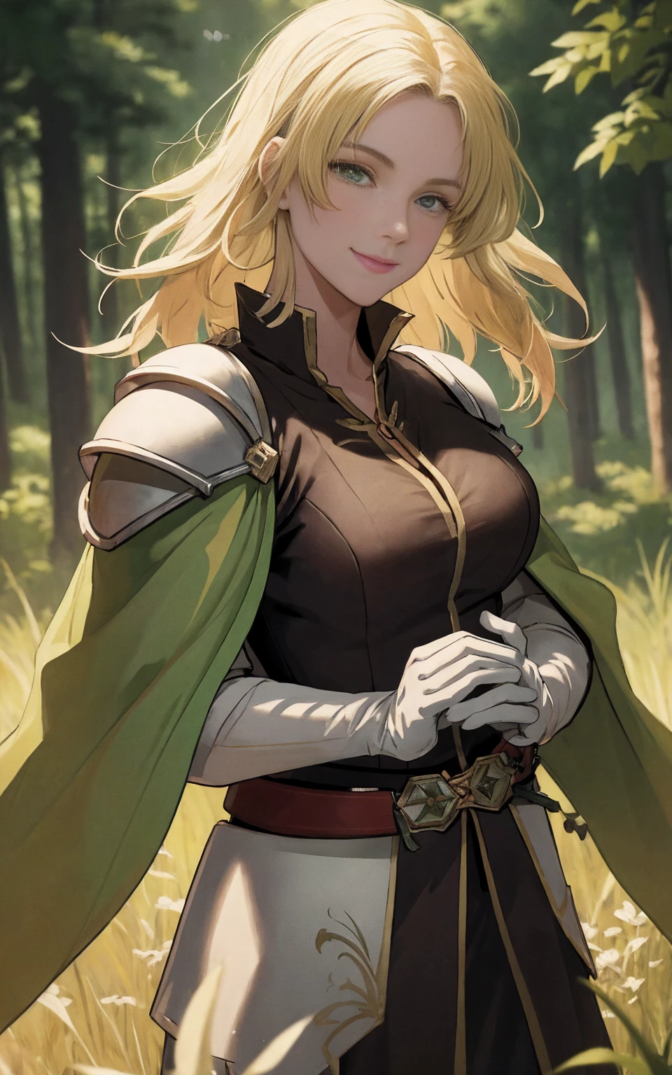 masterpiece, best quality, feSelena, brown tunic, green cape, white elbow gloves, shoulder armor, belt, upper body, looking at viewer, serene smile, forest, bog, sunset, medium hair length