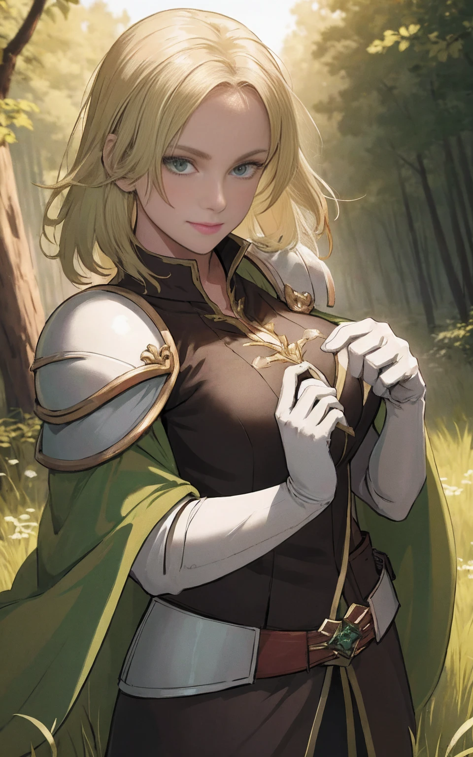 masterpiece, best quality, feSelena, brown tunic, green cape, white elbow gloves, shoulder armor, belt, upper body, looking at viewer, serene smile, forest, bog, sunset, medium hair length