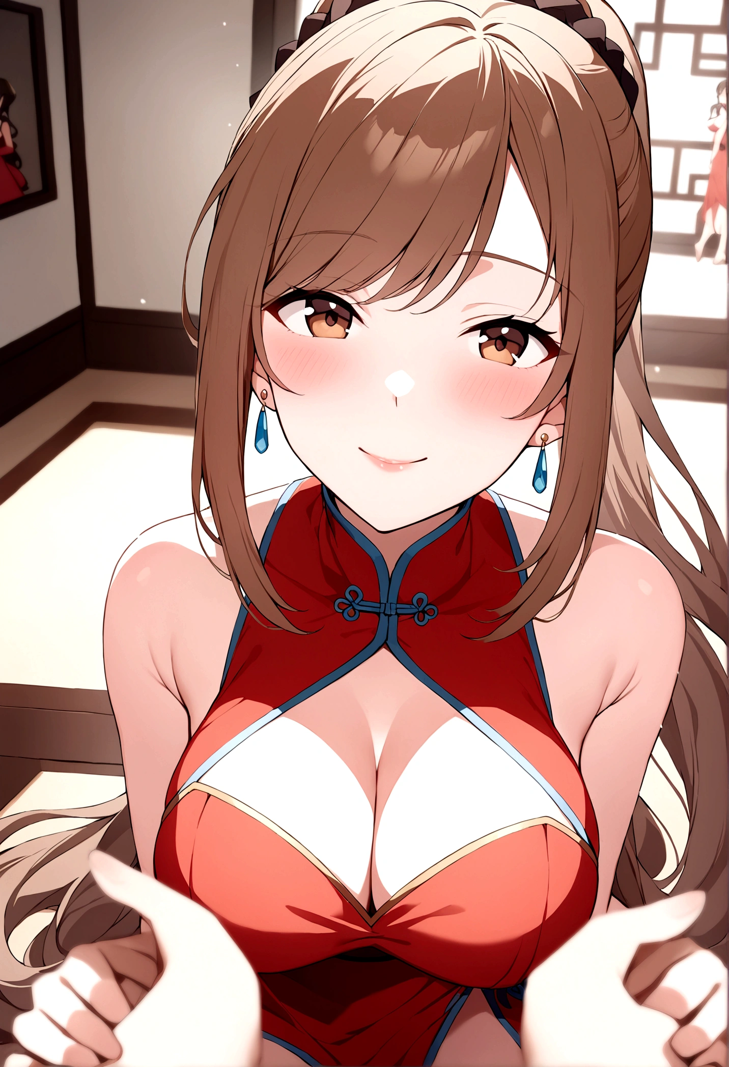 slender, mature female,blurry_foreground, blurry, depth_of_field, rating:safe, breasts, brown_hair, pov, looking_at_viewer, blurry_background, brown_eyes, ponytail, cleavage, long_hair, 1girl, dress, motion_blur, bangs, blush, jewelry, sleeveless, bare_shoulders, large_breasts, medium_breasts, lips, scrunchie, smile, sidelocks, solo_focus, 2girls, multiple_girls, hair_ornament, solo, red_dress, swept_bangs, sitting, closed_mouth, pov_hands, earrings, sleeveless_dress, chinese_clothes, indoors