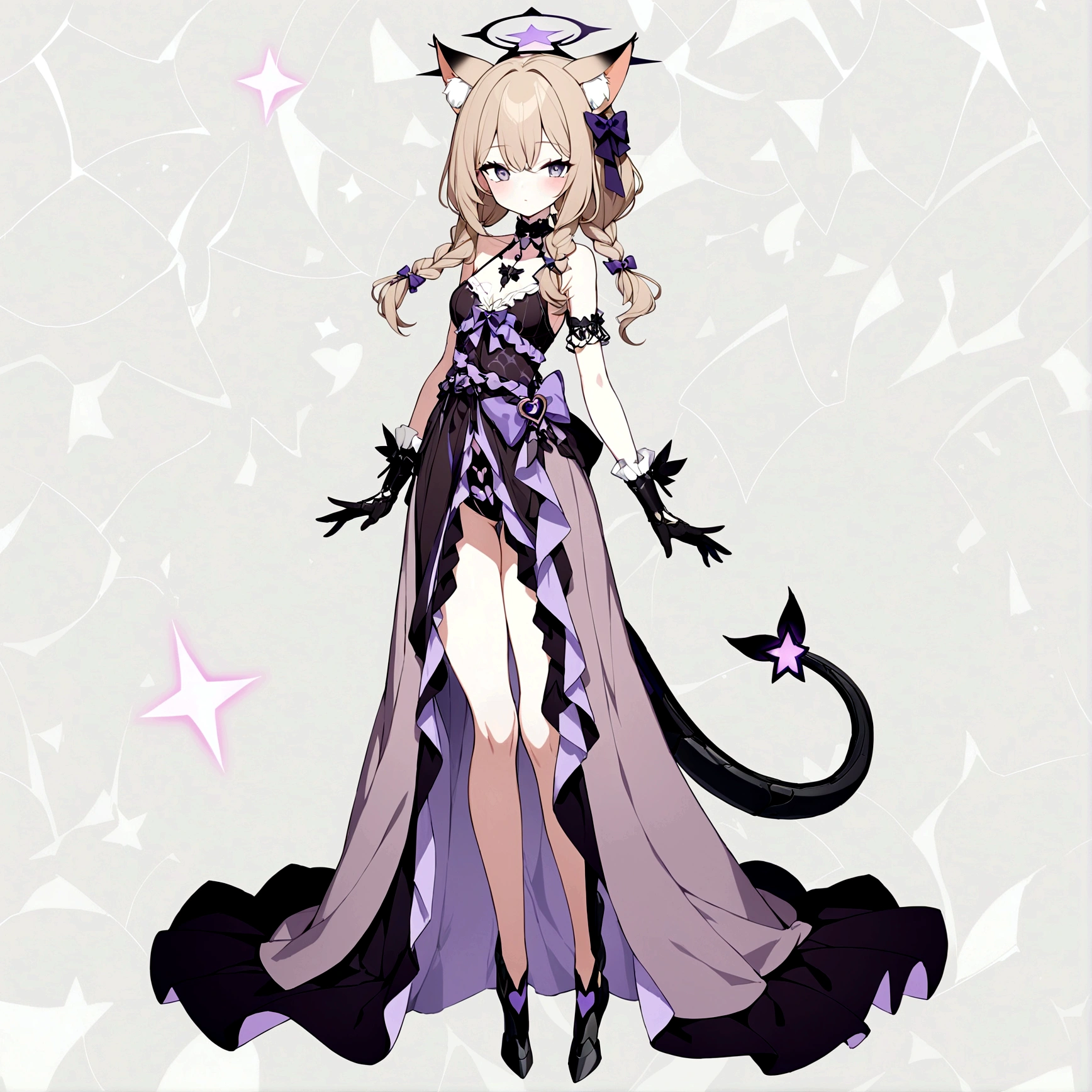 woman 170 cm tall, slim build, medium chest, wide hip. (character design sheet: Full body front view). (Hip-length dark blonde hair with a short center strand, wavy hair with curls, She has a short braid tied with an elegant purple bow on the left side of her hair.. She has a short braid tied with an elegant purple bow on the right side of her hair). Gray eyes with purple. Two black and purple serval ears located on the top of the head. Luminous black halo with purple star patterns above his head. black necklace with heart emblem on the neck. (Elegant one-piece long dress with lace and ruffle skirt, ribbon decorations and star patterns on the dress). black gloves. gray belt at the waist with a large ribbon with a luminous pink heart in the middle. It has a succubus tail with a small purple star on the tip. (It has complex mechanical legs that reach up to the thighs and are black with small purple details.). beautiful detailed hair, beautiful detailed dress. extremely detailed arms. extremely detailed face, small face, Beautiful detailed eyes, beautiful detailed lips. adorable. extremely detailed legs. (Best Quality, 4k, 8k, high resolution), ultra detailed, Exquisite and epic character art.
