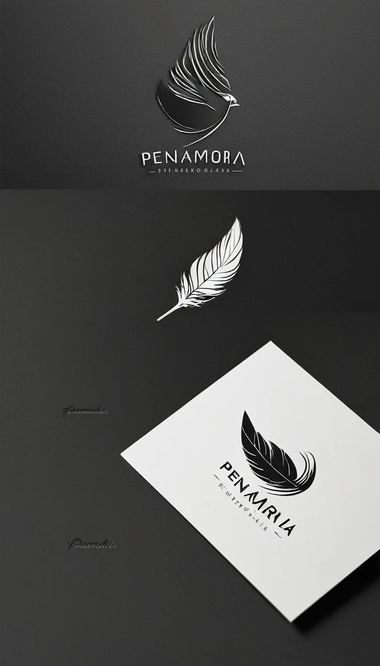 A minimal, modern, simple, cinematic logo design for the brand “Penamemoria". Create a modern, minimalistic, high-quality, logo of a feather-bird
