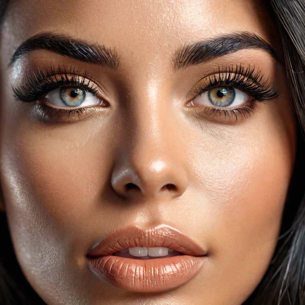 A photorealistic portrait of a 28-year-old Brazilian woman with an oval face, straight black hair, and captivating grey eyes, wearing a stylish black top. Her wheatish skin with light brown tone highlights enhances her extreme beauty, especially her beautiful lips. The image should be a close-up shot, 8k HDR, high detailed, with a focus on her facial features and natural, approachable expression, illuminated by soft, warm sunlight.