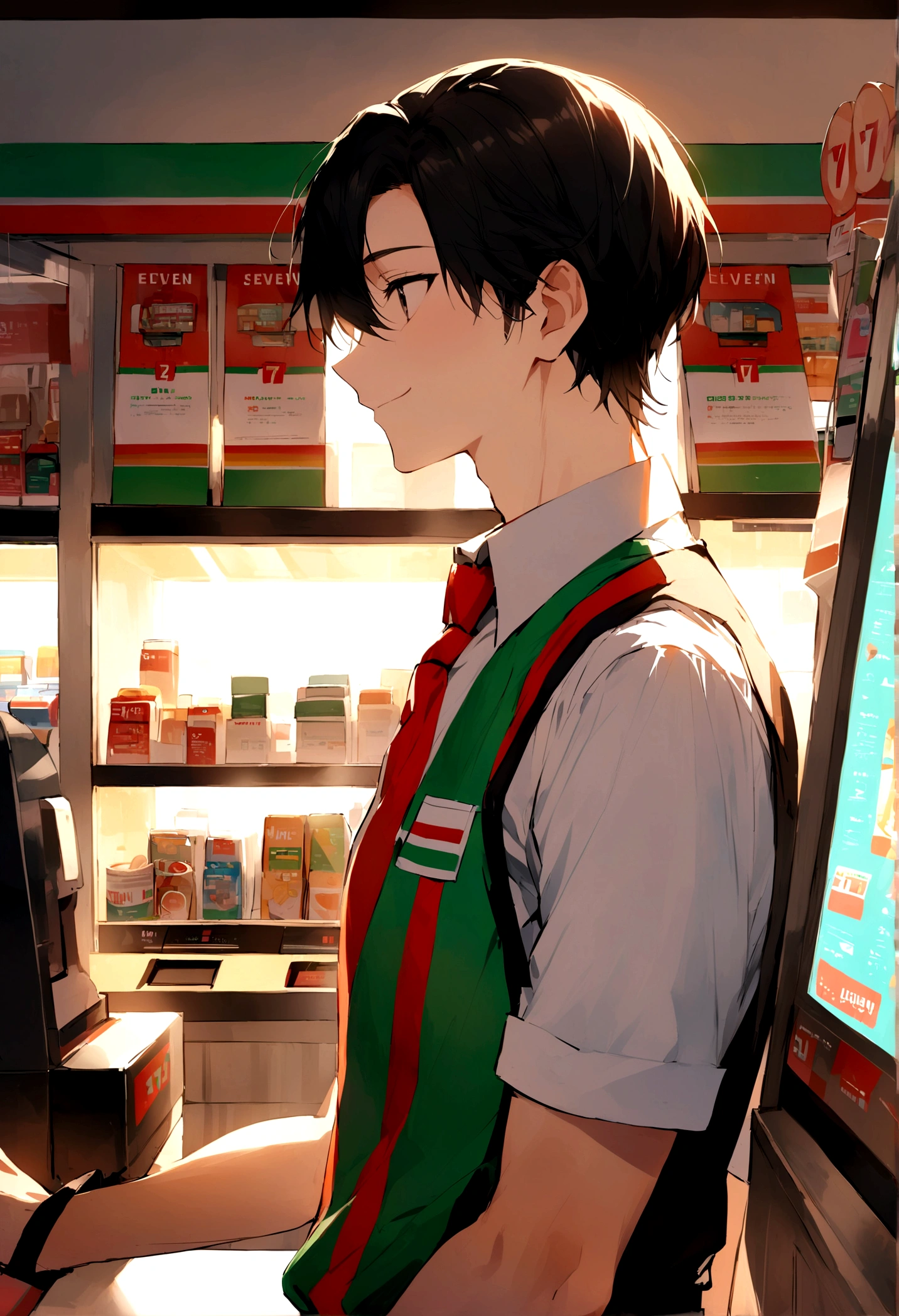 Highest quality、A young Seven-Eleven store clerk、smile、profile、Inside the Seven-Eleven store、cash register、Wearing a Seven-Eleven uniform、Black Hair、1 male